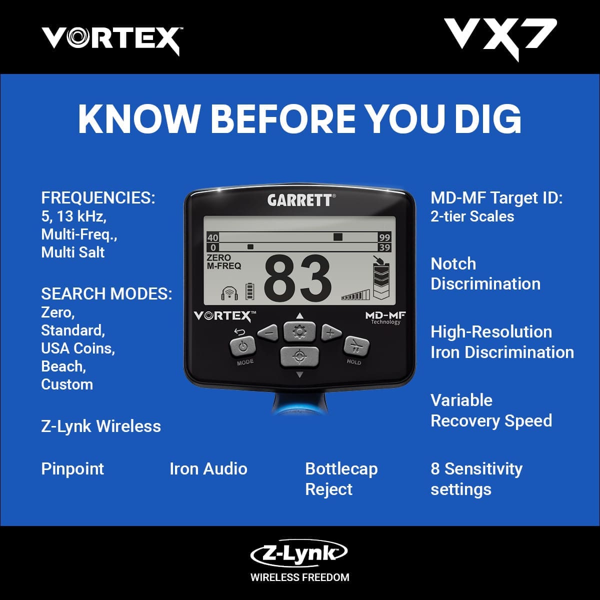 Düzce Garrett Vortex VX7 Dedektör - VX7 hedef ID ekranı, iki katmanlı MD-MF okuma ile demir ve iletken hedefleri ayırmaya yardım eder.